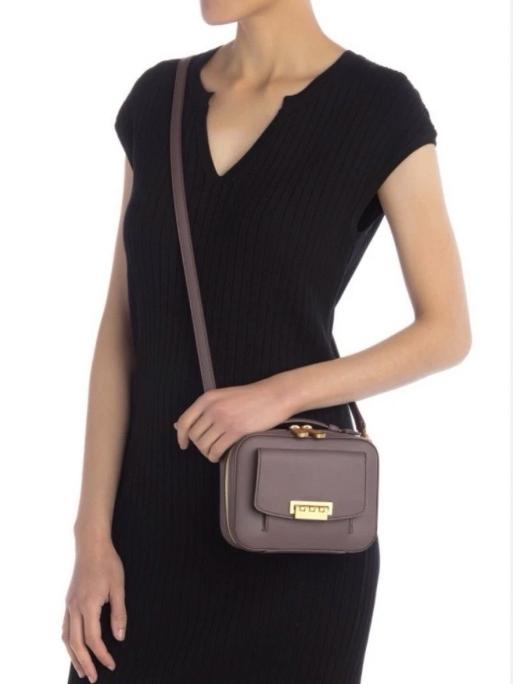 Zac Posen Taupe Leather Square Crossbody with Gold-Tone Clasp